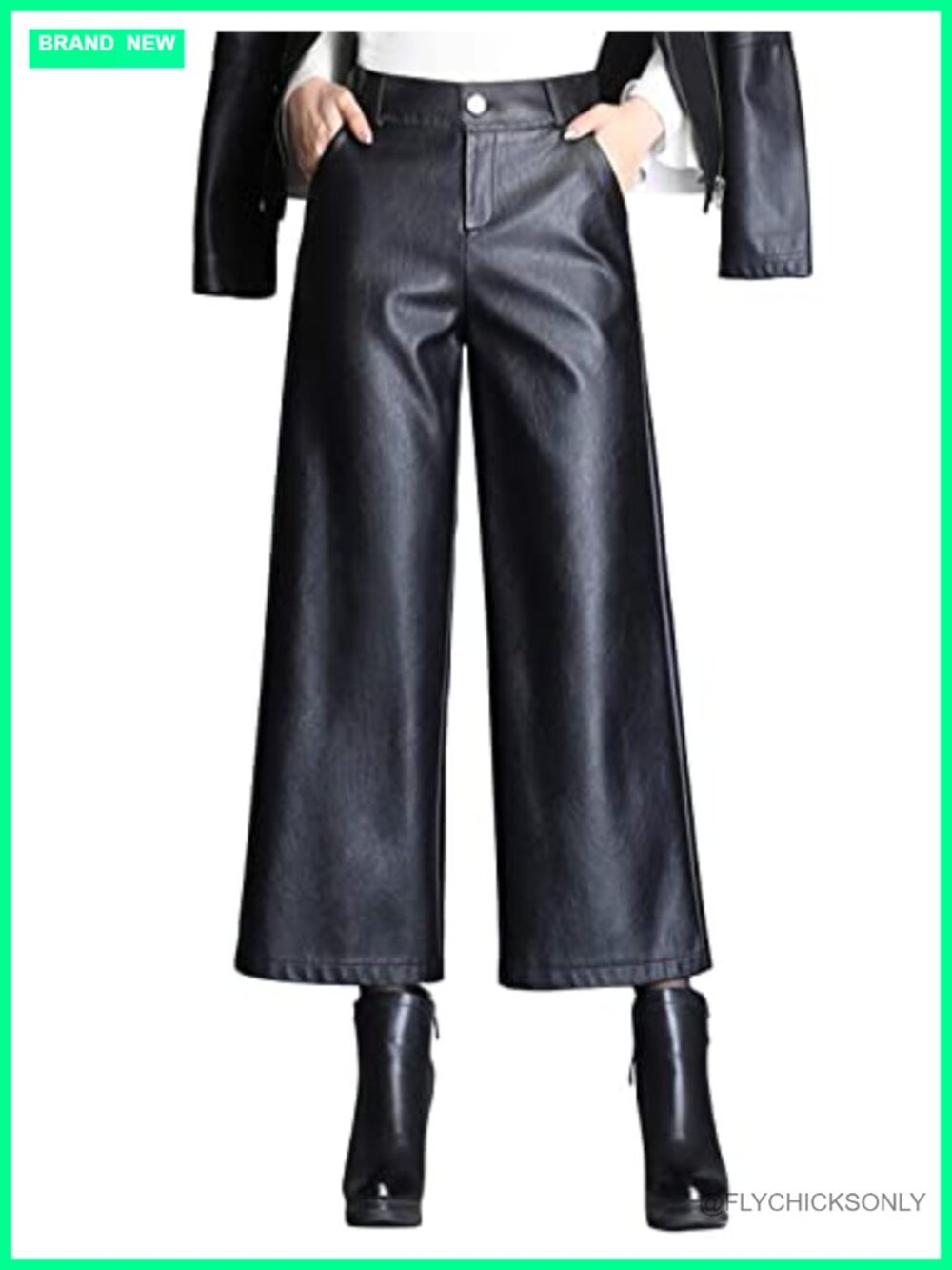 HaoMay High Waist Wide Leg PU Faux Leather Cropped Pants Culottes